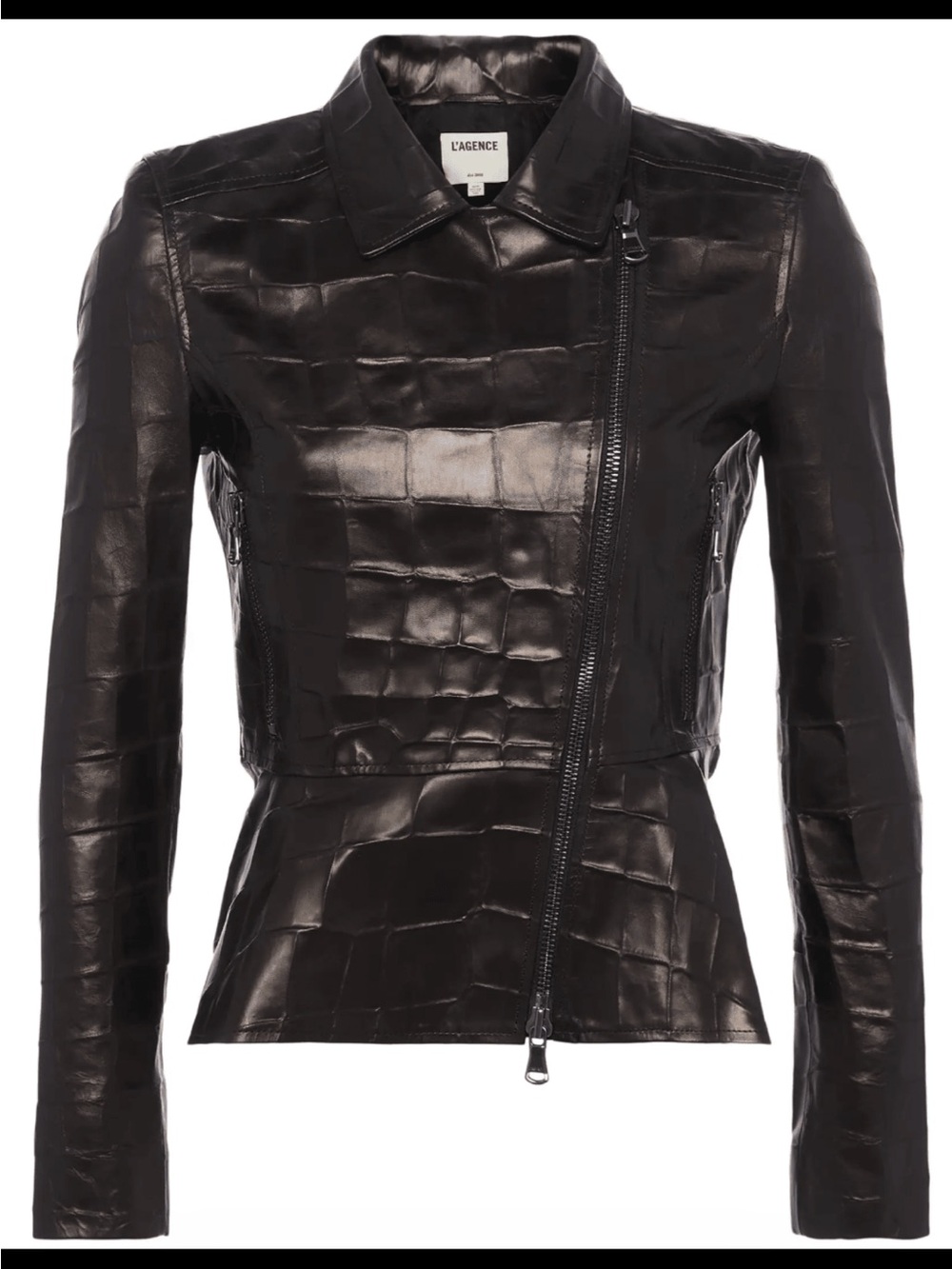 L'AGENCE Black Croc-Embossed Asymmetric Lamb Leather Jacket